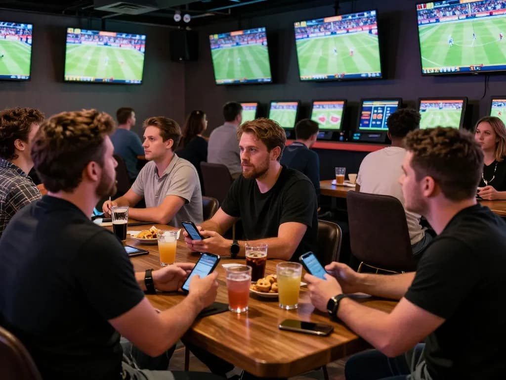 Exciting sports betting atmosphere at a lounge featuring bet88vn, where bettors engage with screens and apps.