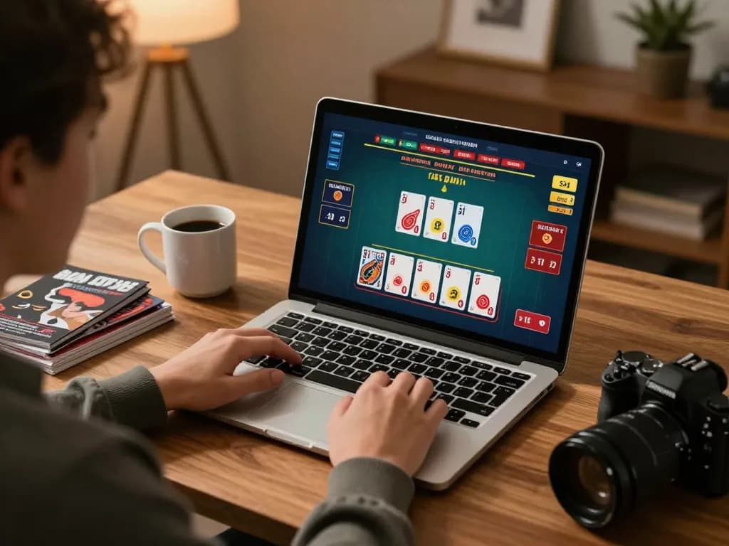 Engaging in online baccarat with bsport at a stylish home office setup, showcasing responsible gaming.