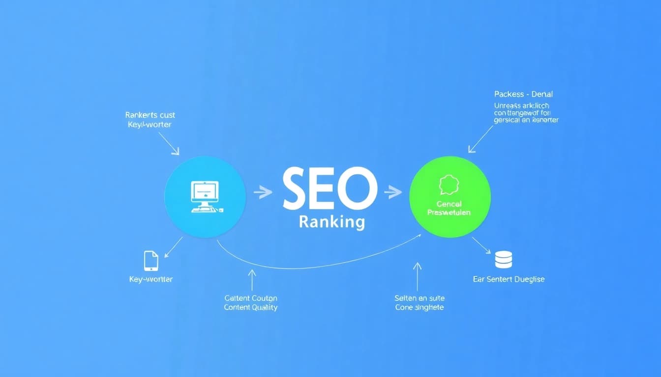 Veranschaulichen Sie das SEO-Ranking mit einem Diagramm zu Schlüsselwörtern, Backlinks und Content-Qualität.