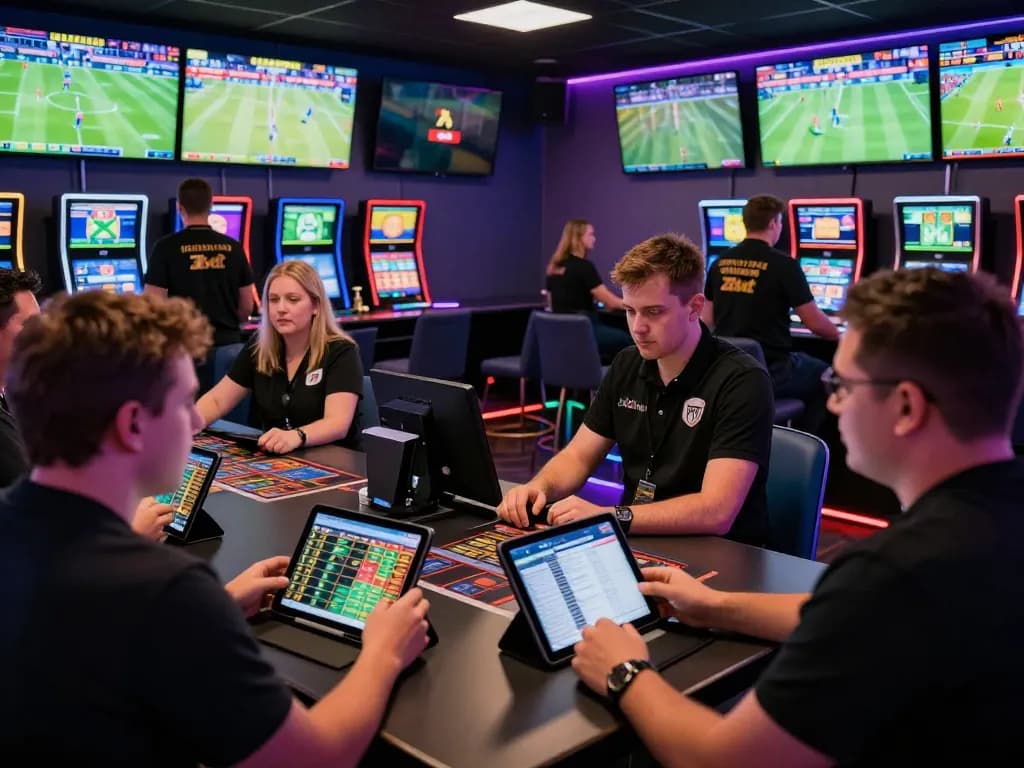 Exciting sports betting scene with patrons using zbet app in a lively lounge atmosphere