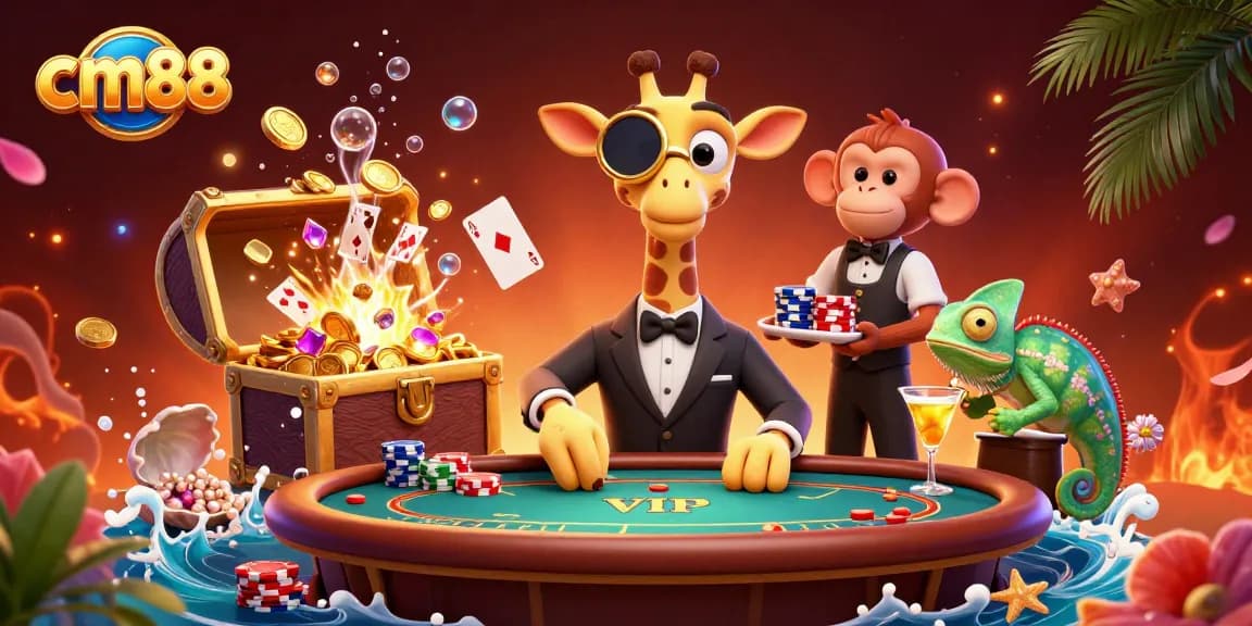 Experience thrilling moments at cm88's casino with a high-roller giraffe and cheerful characters.