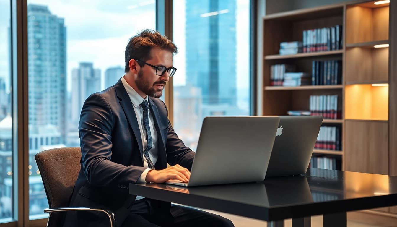 Headhunter IT berät in einem modernen Büro, während er Kandidatendaten analysiert.