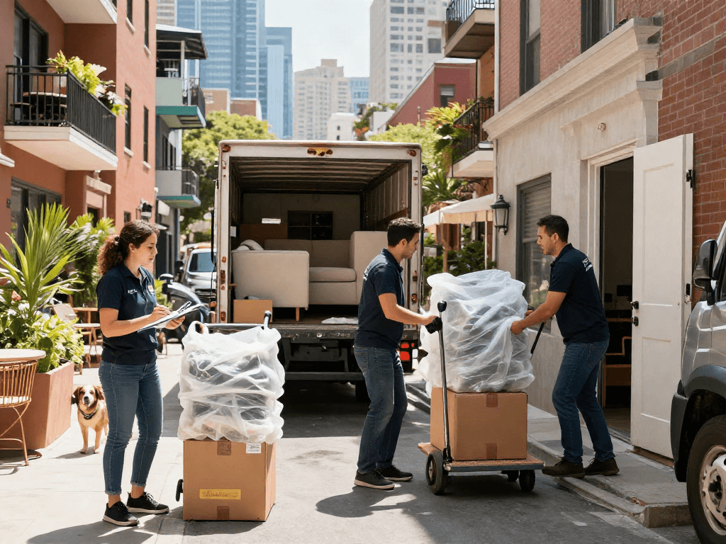 Moving professionals loading a truck with furniture and boxes, showcasing efficient movers in action.
