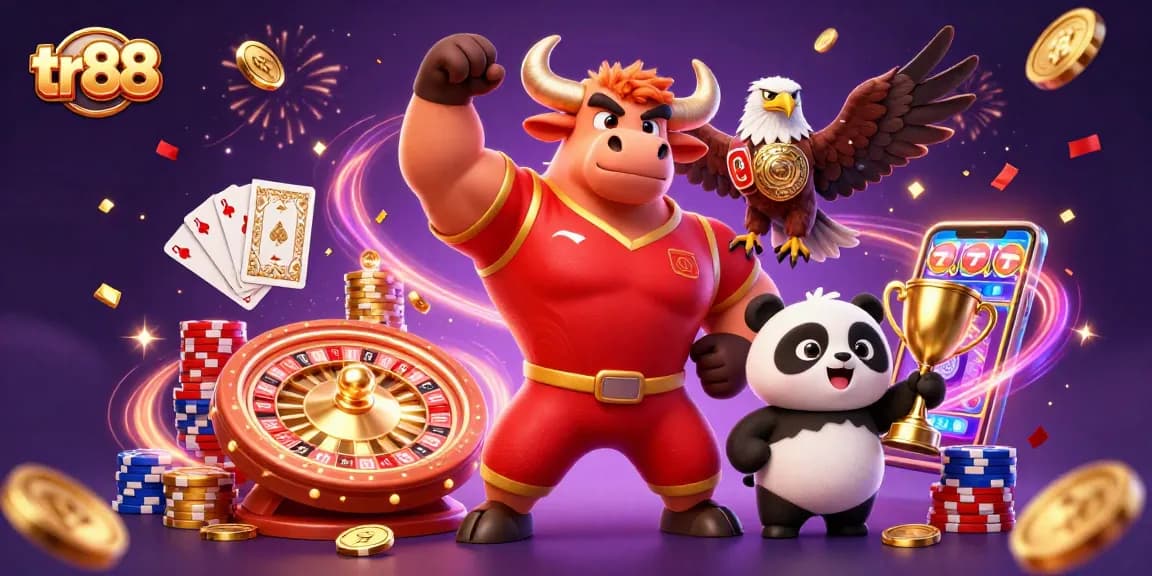Celebrate big wins at tr88 with vibrant casino action, featuring a bull mascot and exciting game elements.