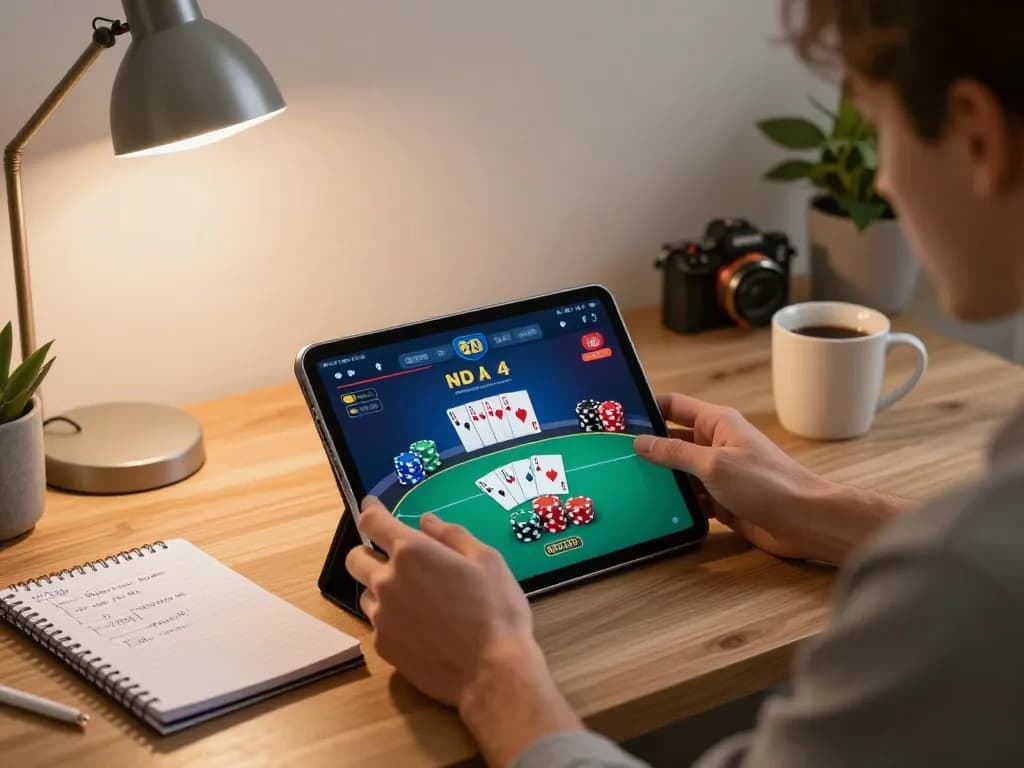 Playing poker on 33win 68 tablet while analyzing strategy notes in a cozy home office
