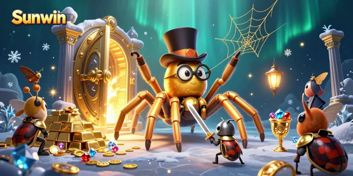 Sunwin engages players with a vibrant scene of a golden tarantula and beetle knight at a casino.