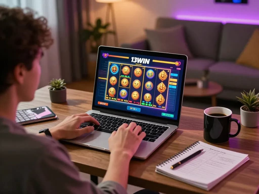 Player engaging with 13WIN online casino, immersed in an exciting gaming session with vibrant slot graphics.