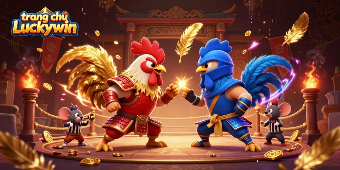 Engage in thrilling action at trang chủ Luckywin, featuring 3D cartoon fighting roosters in a dynamic standoff.