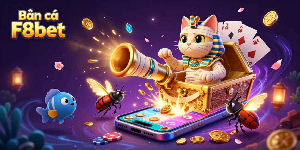 Bắn cá F8bet underwater game scene featuring a mummy cat with golden coins and colorful fish.