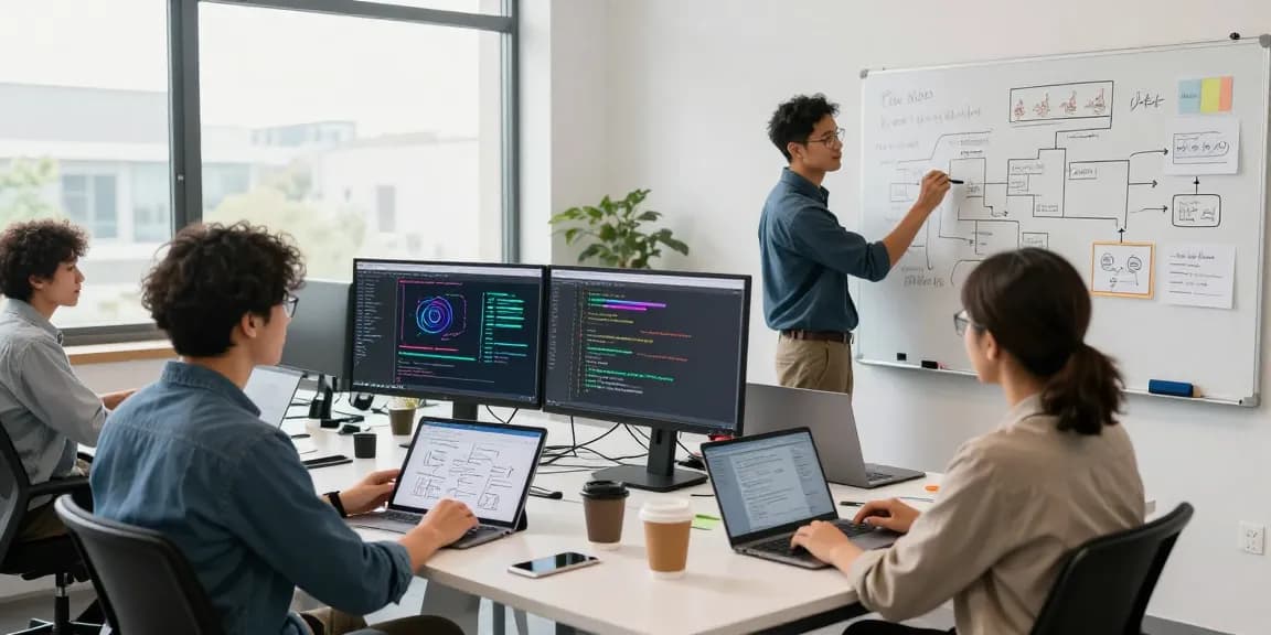 Team collaborating to build internal tools with AI in a modern office workspace.