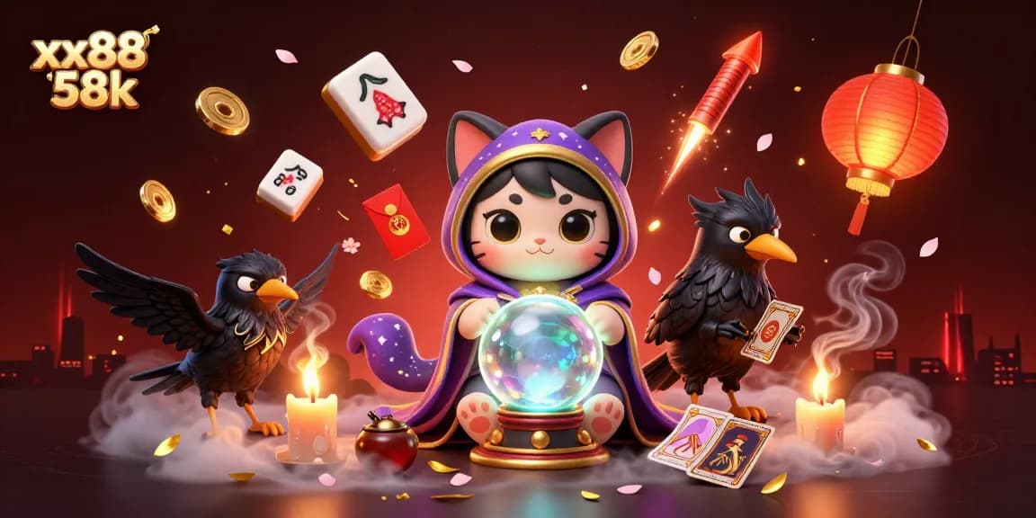 Engage with the vibrant scene of xx88 58k, showcasing mystical characters and festive casino elements in a dynamic setting.