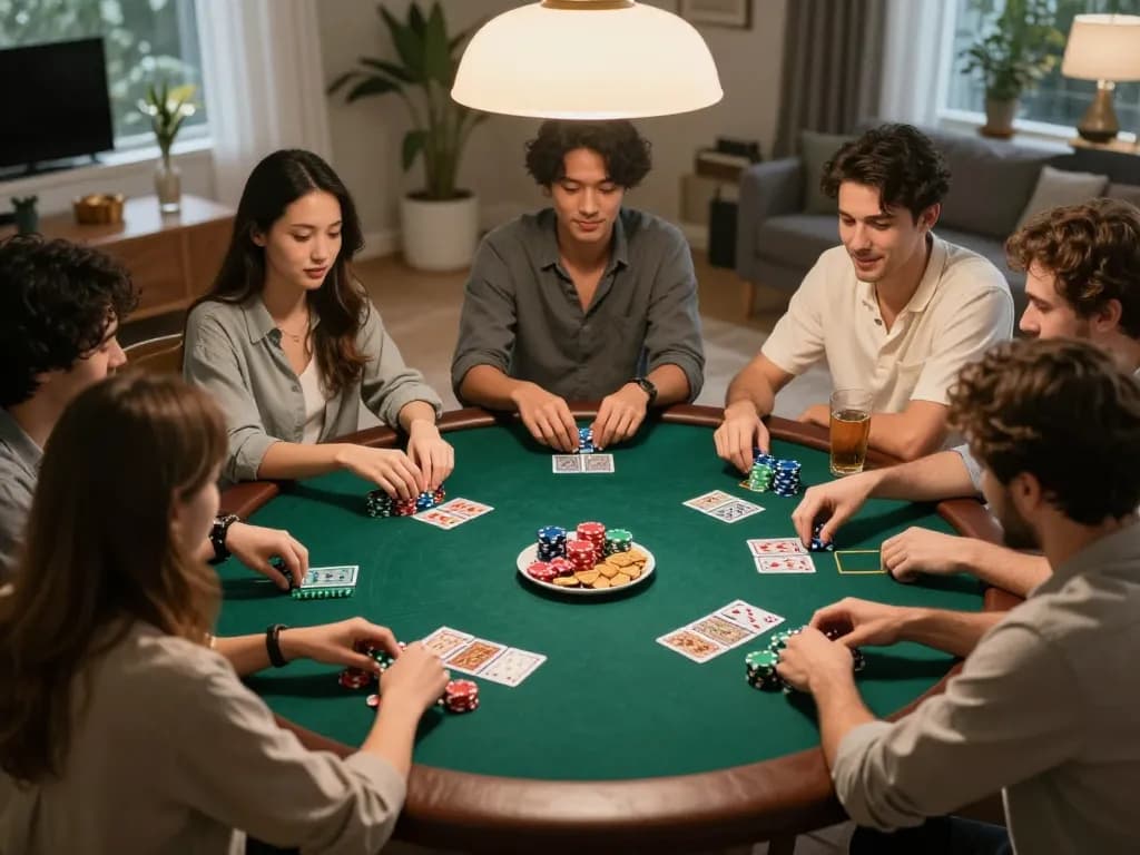 Players engaged in an exciting poker game during a cozy home poker night with ALO8 gaming atmosphere.