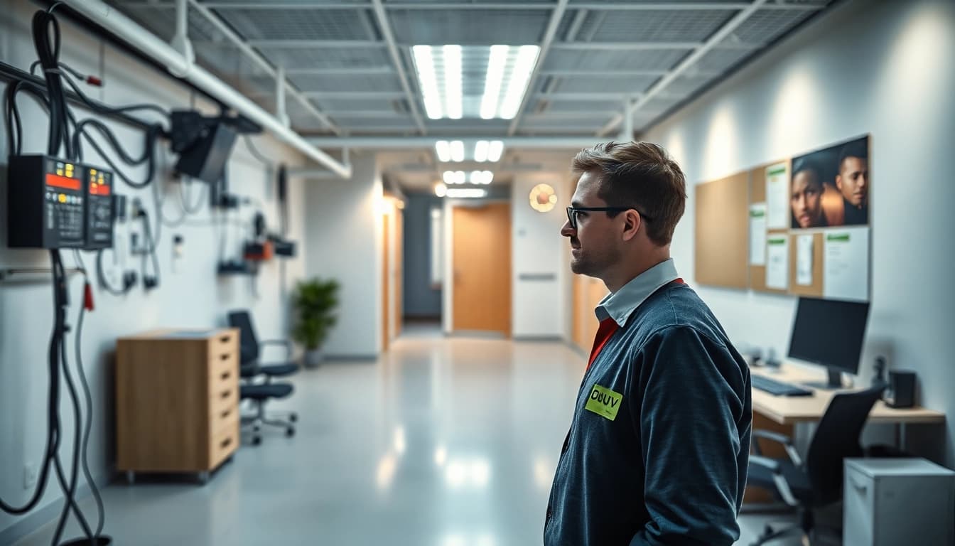 Überprüfung elektrischer Betriebsmittel während der DGUV V3 Prüfung in einem modernen Büroumfeld.