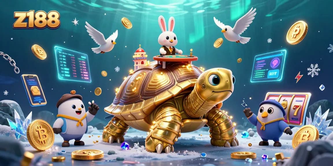 Players experience z188 with golden tortoise, crypto coins, and vibrant casino elements!