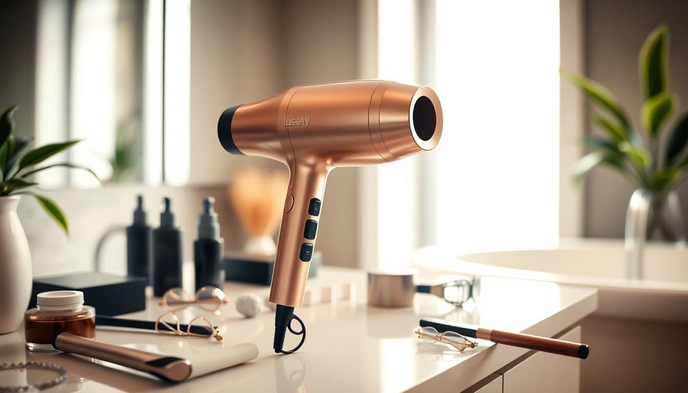 Das laifen haartrockner auf einem stilvollen Tisch, umgeben von eleganten Haarzubehör.