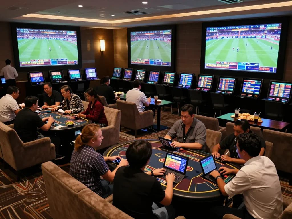 Engaged bettors placing strategic bets while analyzing odds in a vibrant sports lounge showcasing tin soi kèo