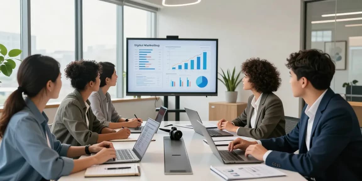 Das MyQuests Online-Marketing-Team arbeitet in einem modernen Büro zusammen, um effektive digitale Strategien zu entwickeln.