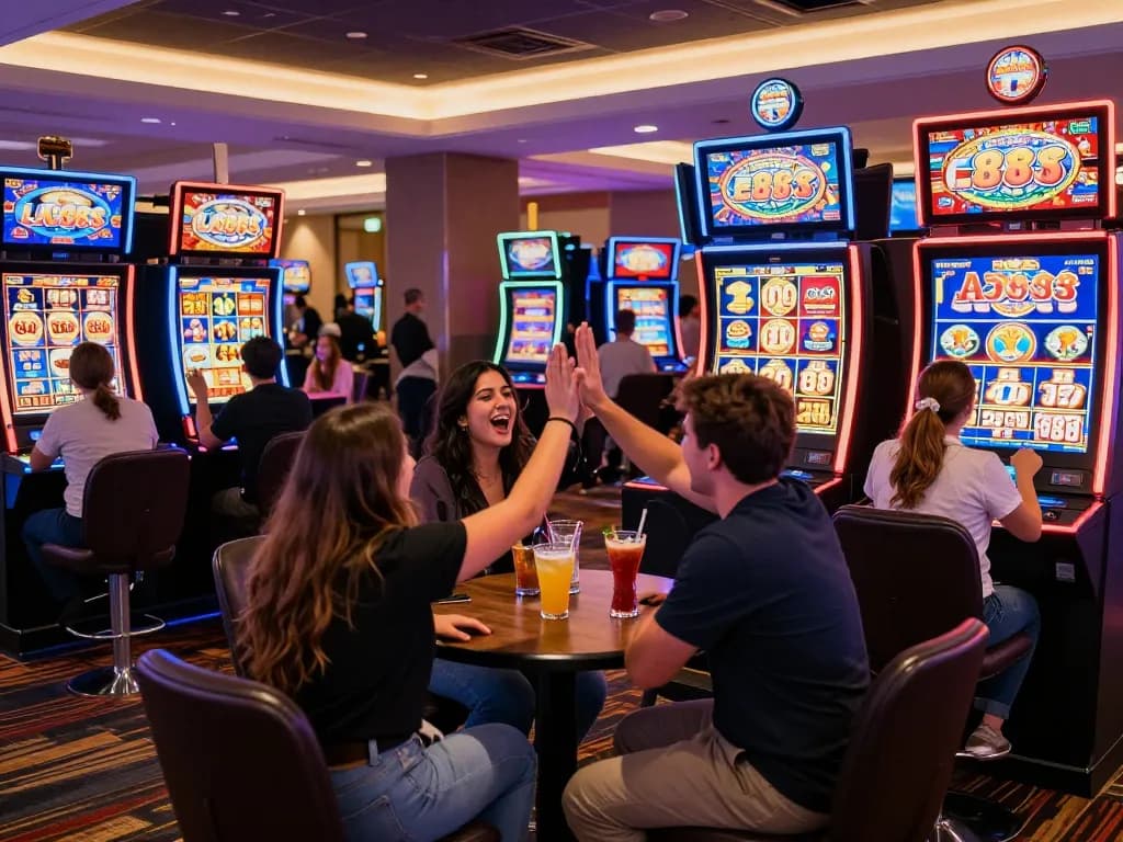 Players enjoying the Lucky 88 slot machine in a vibrant casino environment with colorful lights.