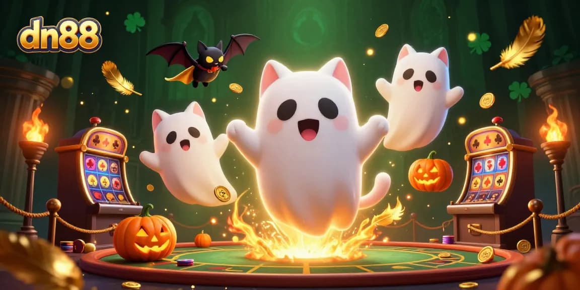 Experience excitement at dn88 with a ghost cat and vampire bat in a haunted casino scene.