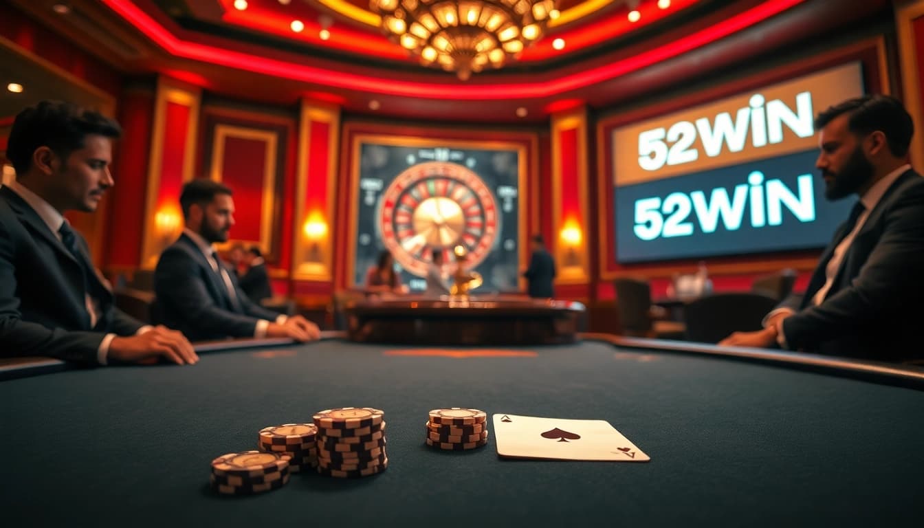 Experience the thrill of 52WIN at a luxurious poker table surrounded by excitement.