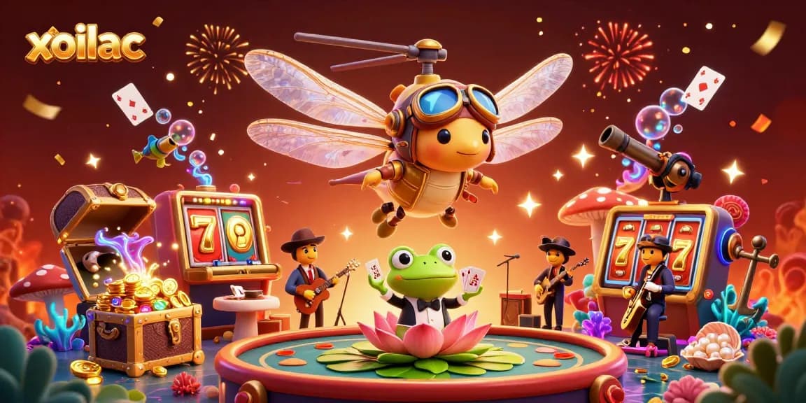 xoilac engages players with vibrant casino action featuring a dragonfly pilot and frog croupier.