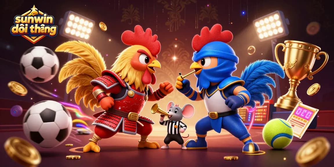 Engage with sunwin đổi thưởng through an exciting showdown of samurai roosters in a vibrant casino scene.