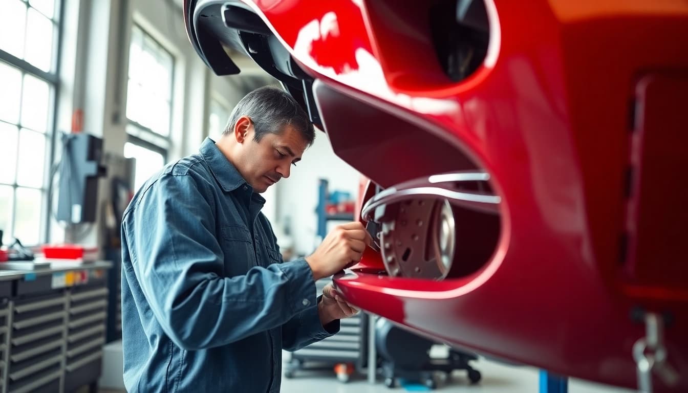 Stoßstange reparieren München durch einen professionellen Mechaniker in einer modernen Werkstatt.