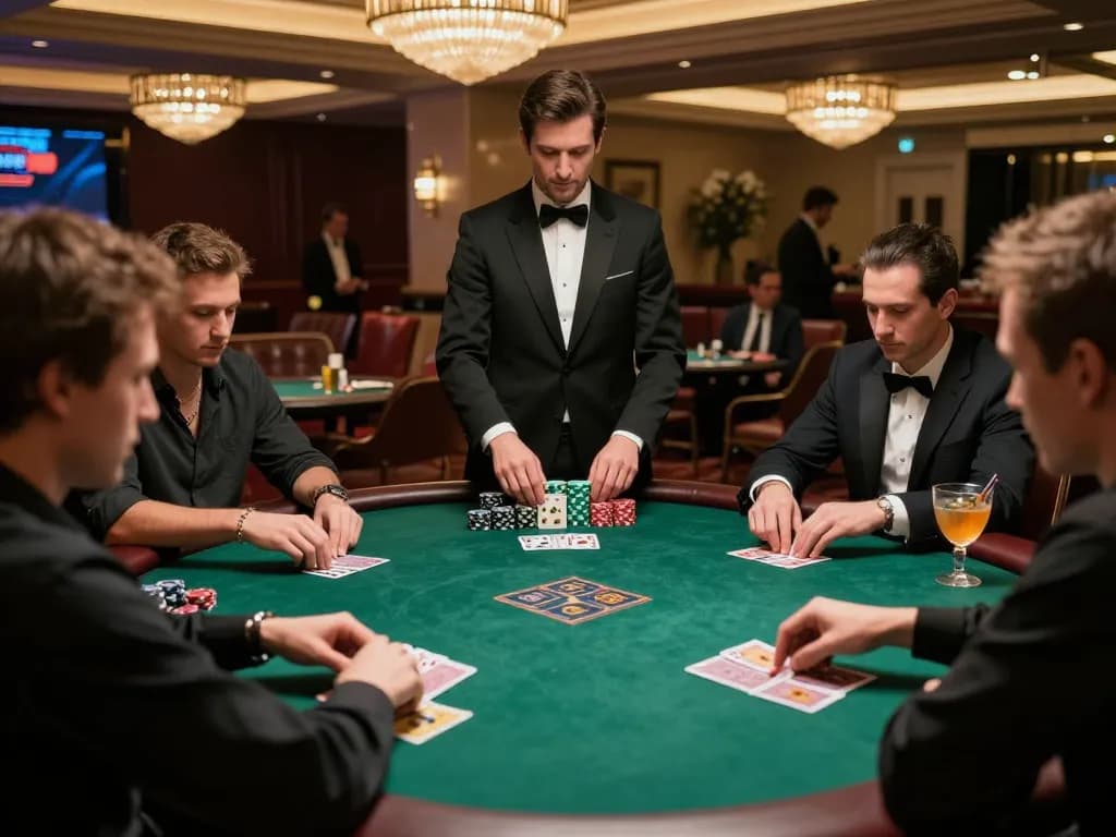 Players engaged in a high-stakes poker game at TG88 casino, showcasing intense strategy and luxury atmosphere.