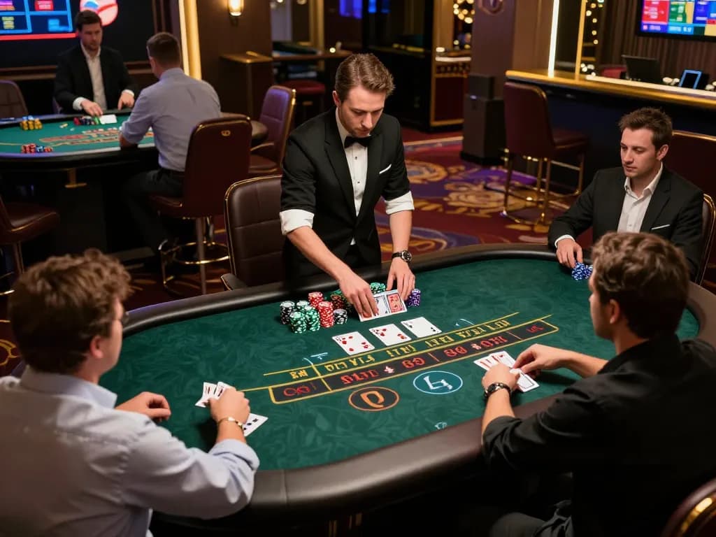 Players engaged in an intense f168 game of blackjack with vibrant casino atmosphere.