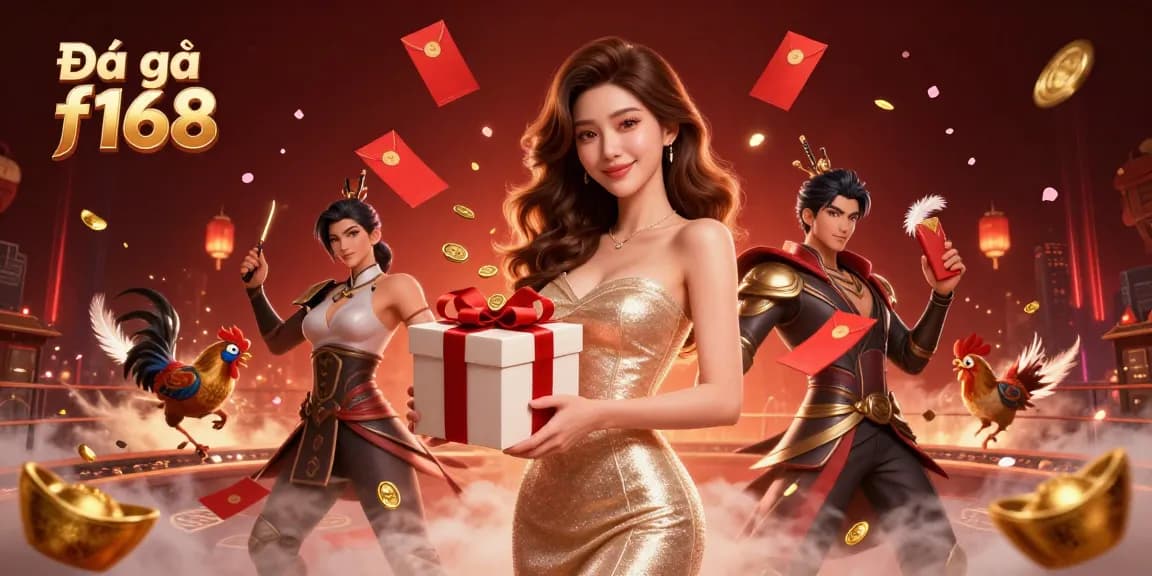 Experience Đá gà f168 in a vibrant Lunar New Year themed illustration with gold coins and festive elements.