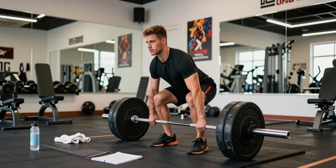 Anabolikashop: Bodybuilder hebt Gewichte im modernen Fitnessstudio mit motivierenden Elementen.