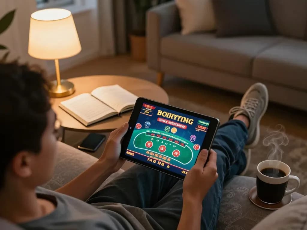 Person playing poker on a tablet in a cozy setting, highlighting mk8th's online gambling experience.