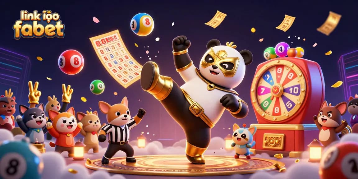 Experience the excitement of link vào fabet with a vibrant gaming scene featuring a wrestling panda, colorful lottery elements, and dynamic action.