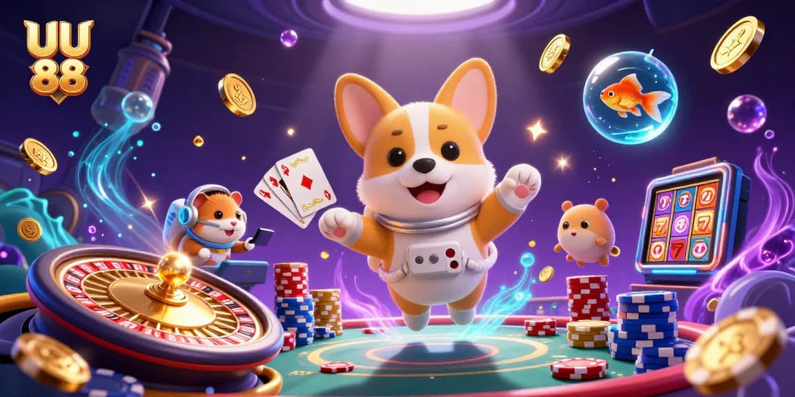 Win big at UU 88 with an exciting scene of a floating casino in space with corgis!