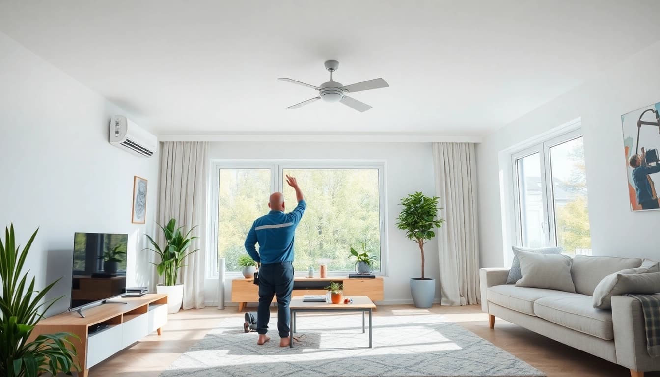 Klimaanlage installation in a modern living room, showcasing a technician working efficiently.