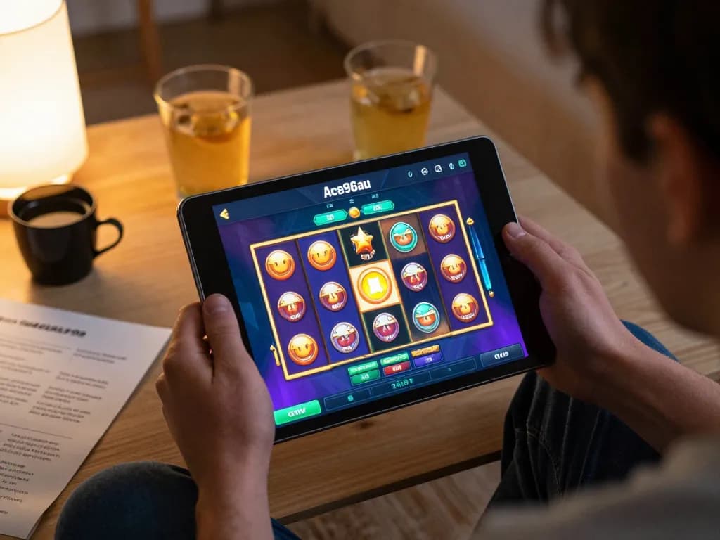 A player enjoying the Ace96au app on a tablet in a cozy home setting, highlighting engaging slot games.