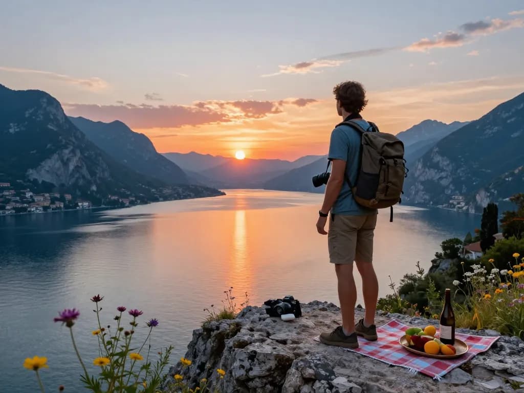 Beeindruckender Sonnenuntergang über dem Gardasee während des Urlaubs am Gardasee, mit einem Reisenden mit Rucksack, der die Landschaft genießt.