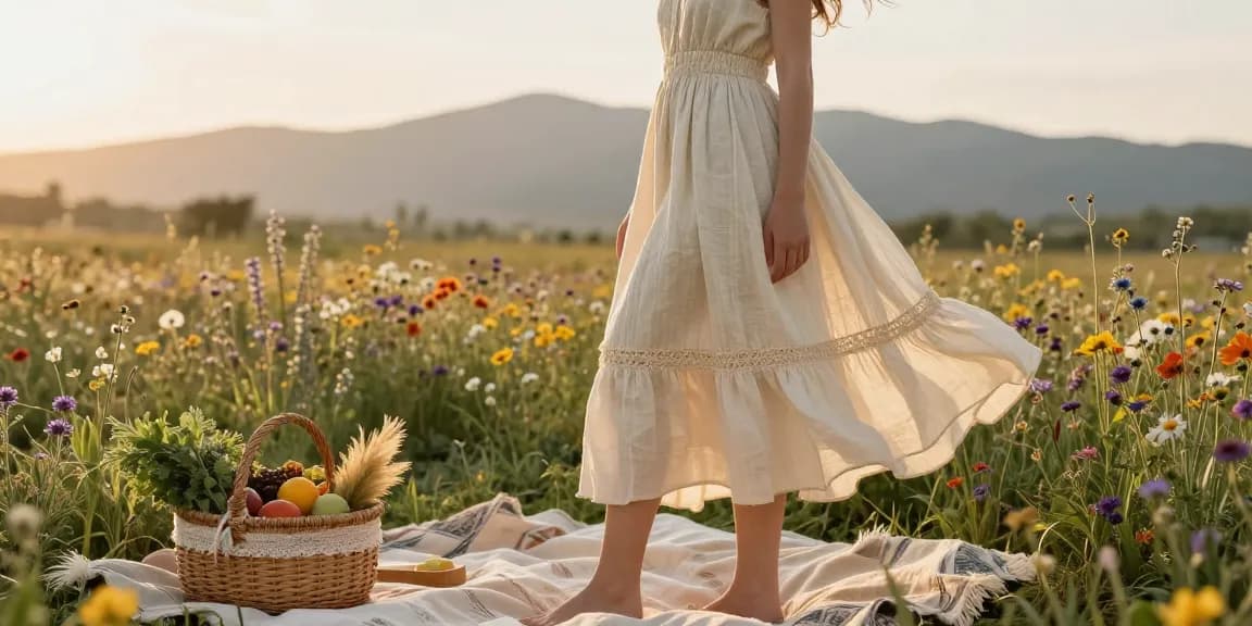 Model wearing handmade dresses made from natural fibers in a floral field.