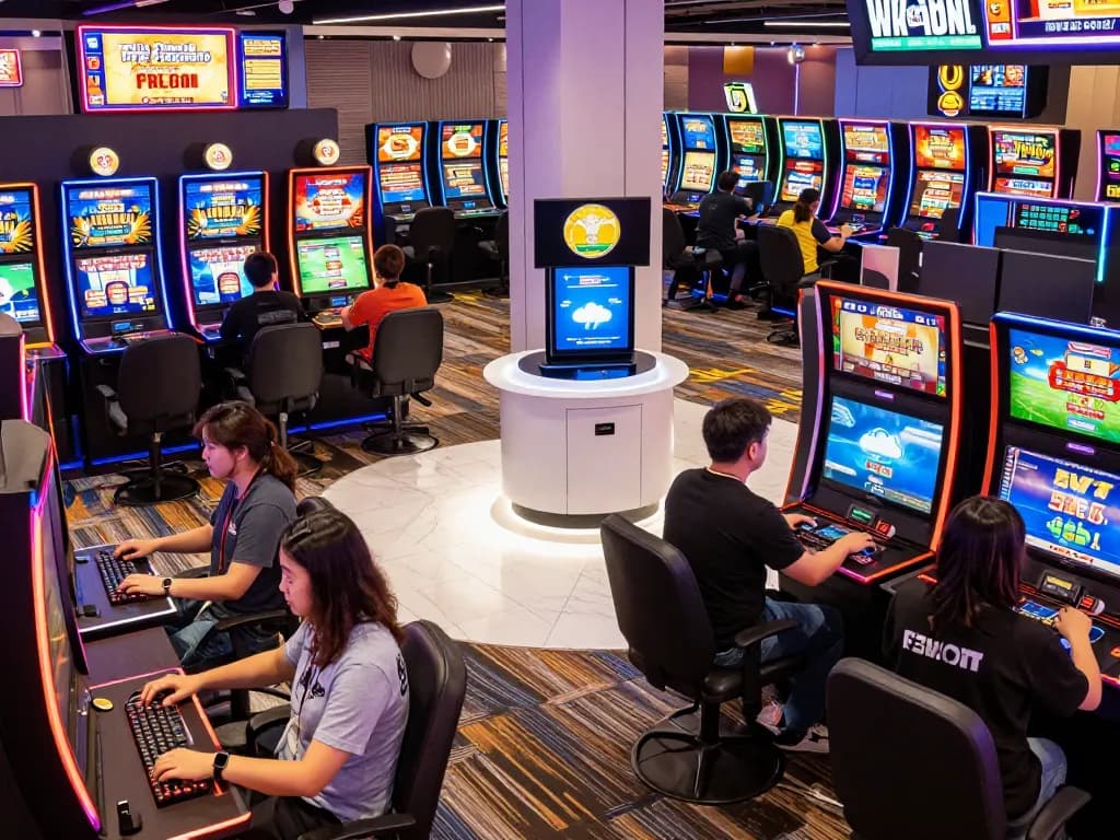 Exciting FB88 online gaming scene with players engaging in sports betting and slot machines.