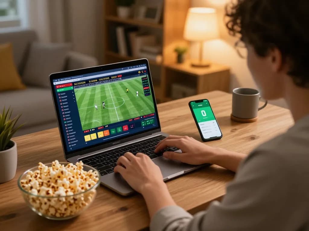 Sports betting action with live odds displayed, enhancing soi keo nha cai strategy in a cozy home office.