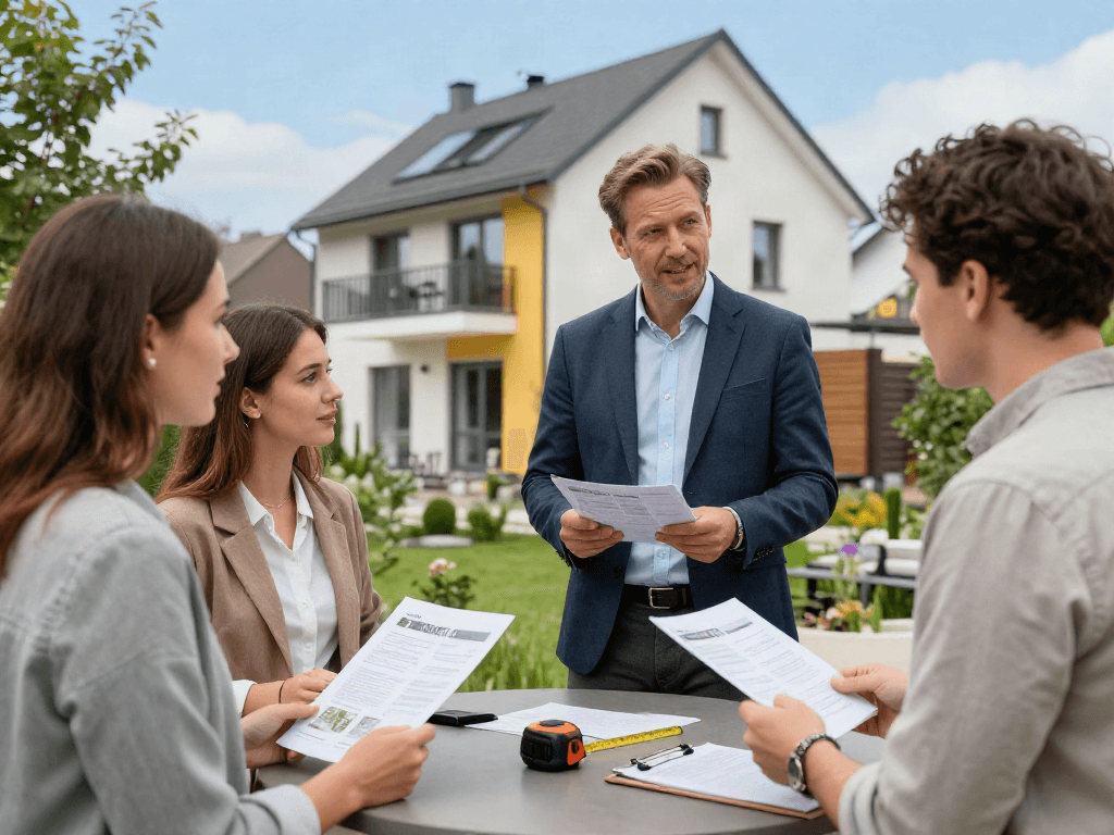Immobilienmakler Rostock zeigt einem Paar ein modernes Wohnhaus mit Garten.