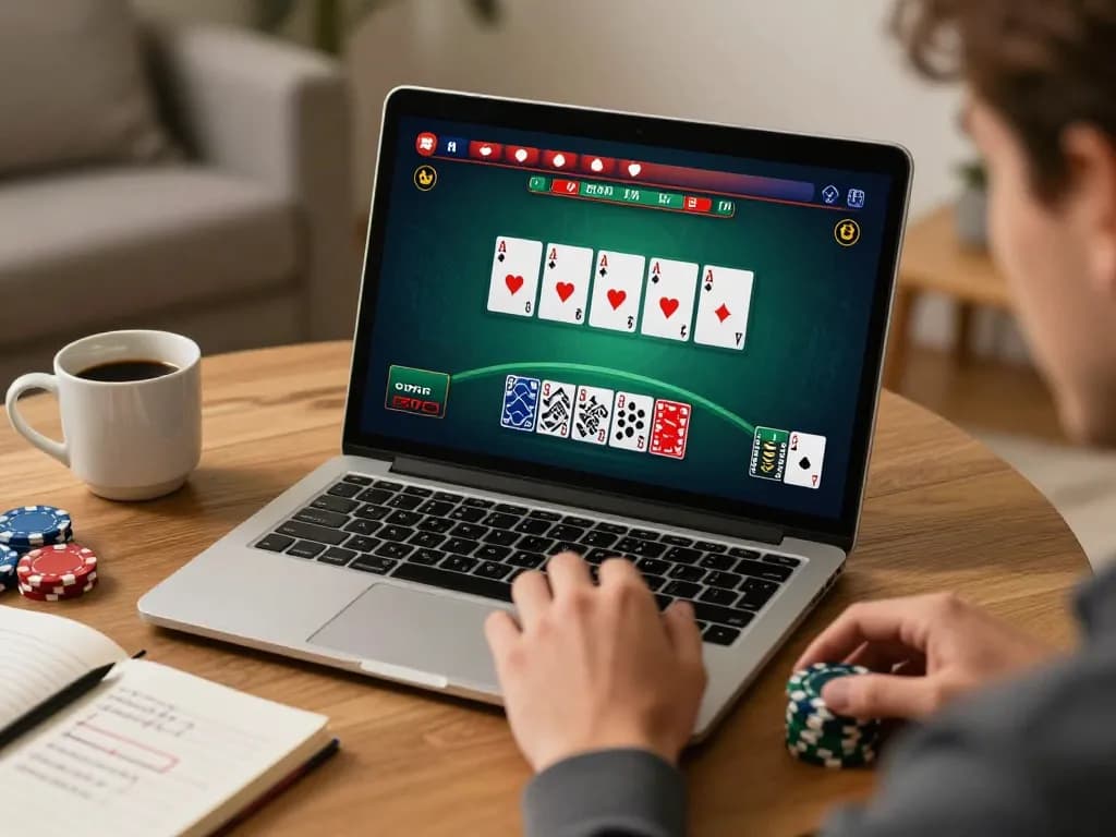 F168 player enjoying an online blackjack game at a cozy home setup with betting strategy notes.
