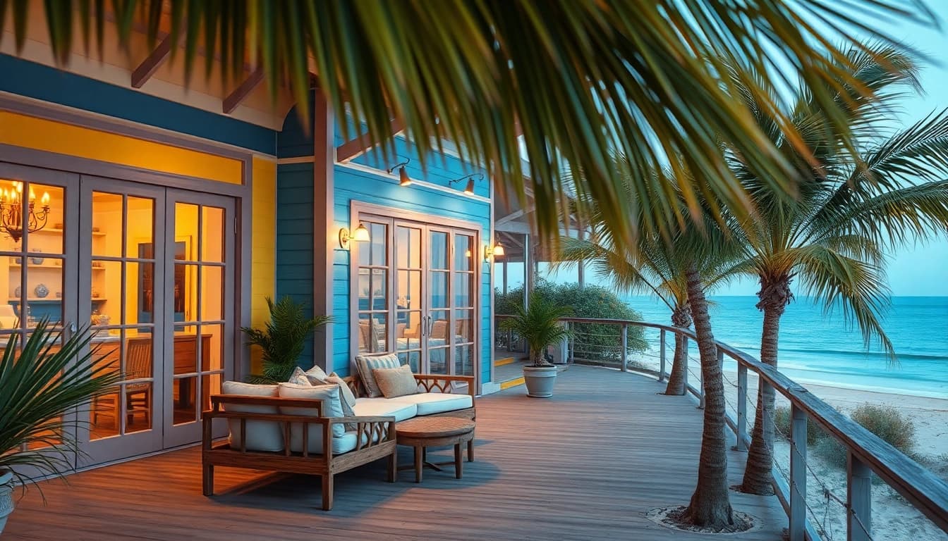 Wunderschöner coastal cabana mit Palmen und Meerblick, der zur Entspannung einlädt.