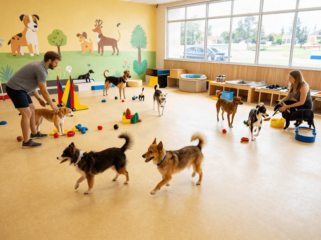 Happy dogs playing in a vibrant daycare setting, showcasing deposit 10k in pet care services.