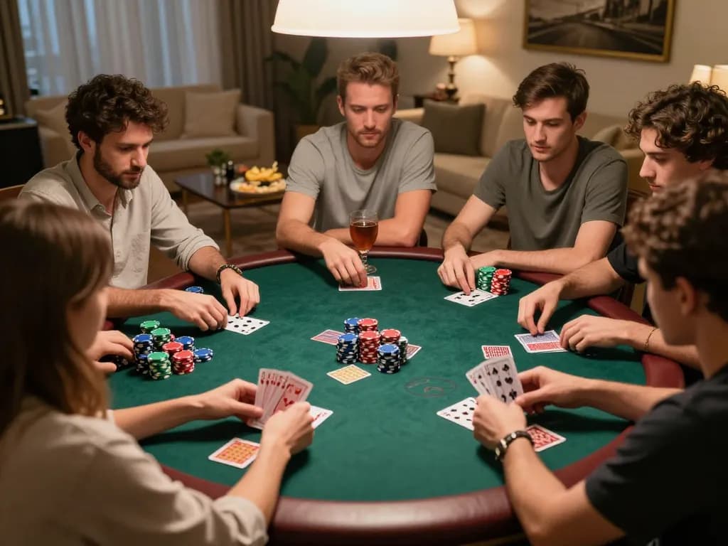 VT88 poker night with friends strategizing over colorful chips and cards in a cozy home.
