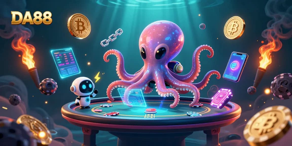 Engage in thrilling gaming with DA88 as an octopus runs a holographic poker table surrounded by crypto coins.