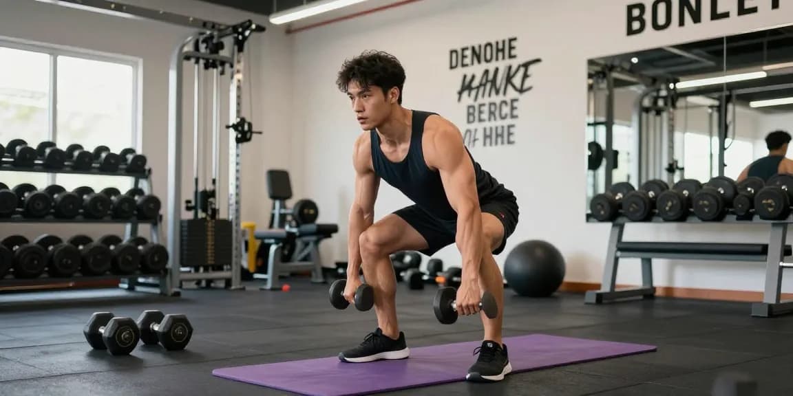 Ein Fitness-Enthusiast im Unique Pharma Shop beim Heben von Gewichten in einem hellen, motivierenden Fitnessstudio.