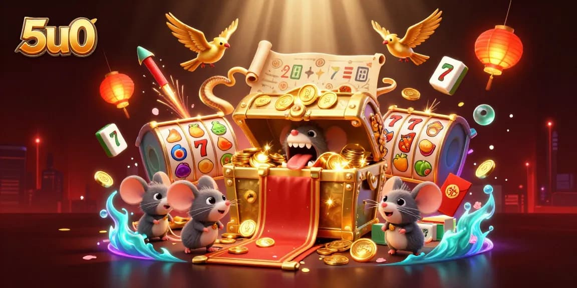 Experience the thrill of 5u0 with vibrant slot reels, golden treasures, and lucky symbols in a dynamic casino scene.
