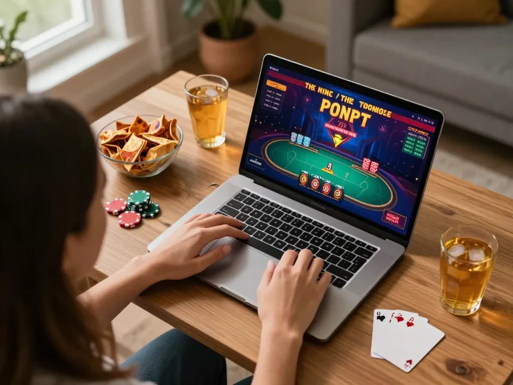 Excited player engaging in a fun79 poker game from home, featuring vibrant snacks and cozy decor.