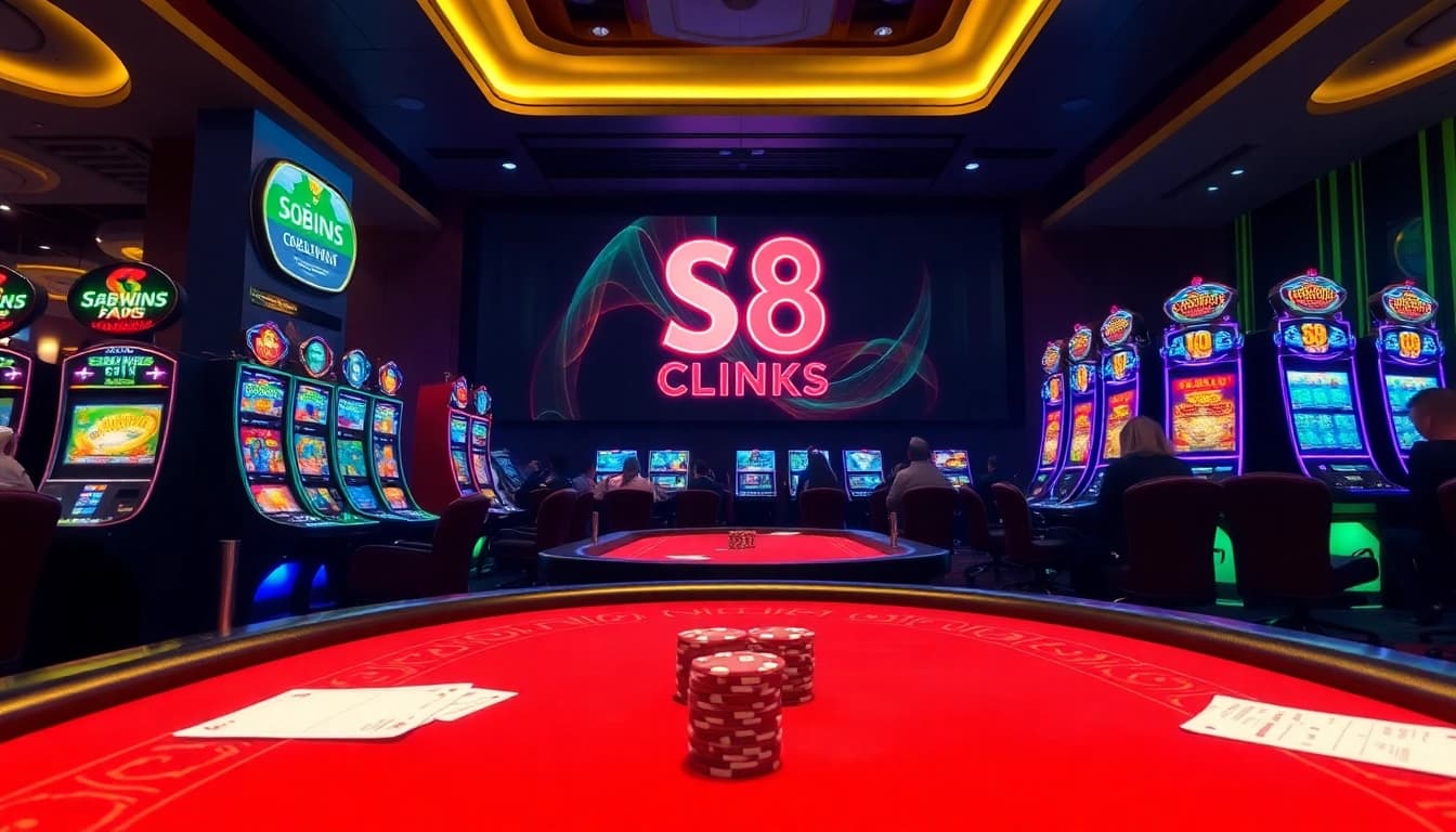 Exciting gambling scene featuring vibrant slot machines and poker tables at S8 link casino.